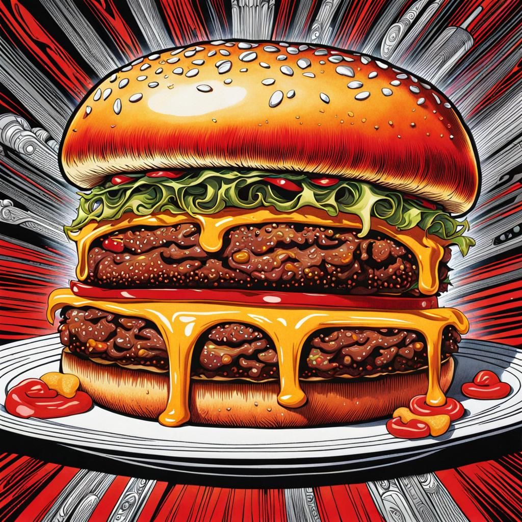 Fiery Anime Cheeseburger: Manga-Inspired Digital Art