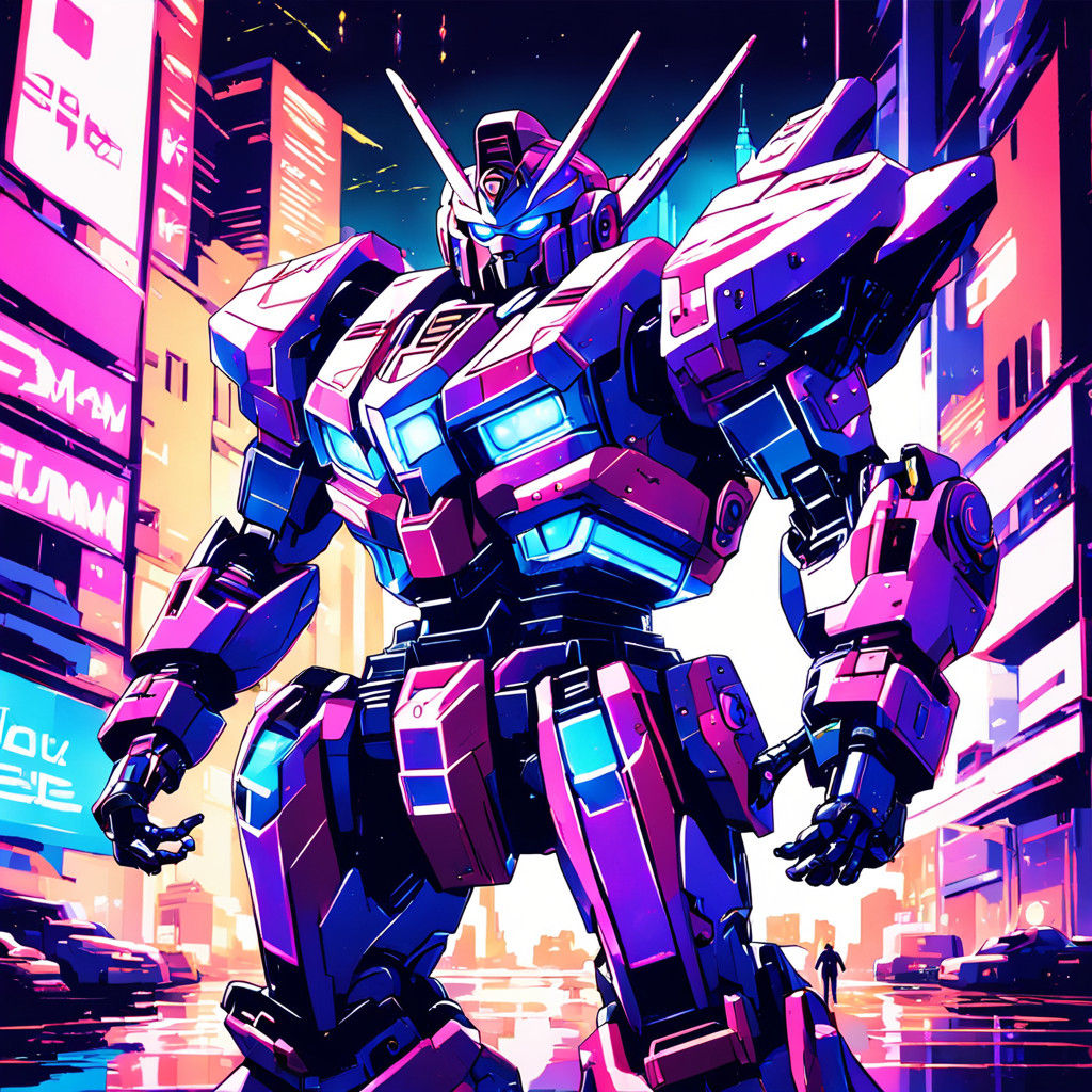 Moonlit Gundam Stands Tall Amidst Futuristic Cityscape in Vi...