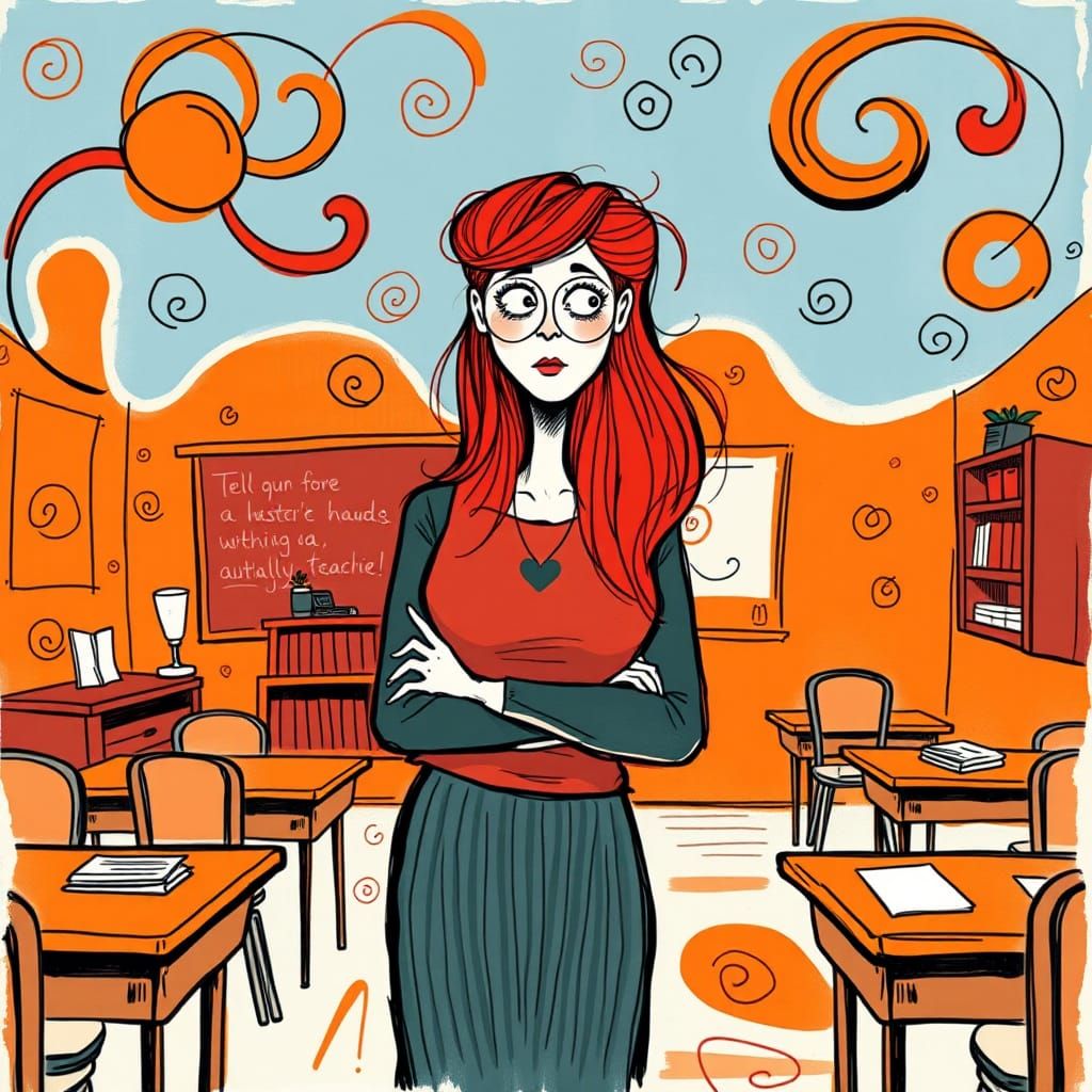 Red-Haired Teacher in Whimsical Classroom, Hand-Drawn Style