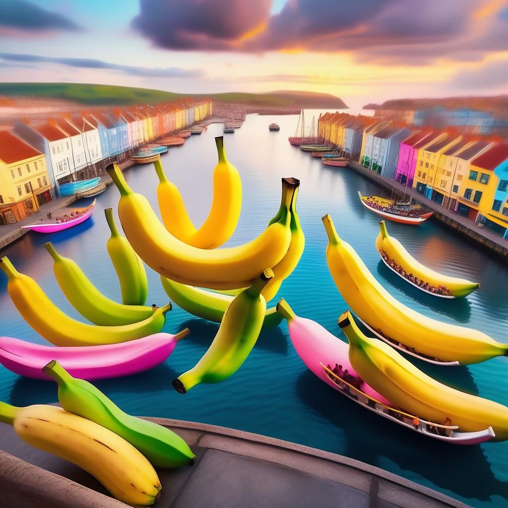 Whimsical Banana Harbor at Sunset in Pastel Colors