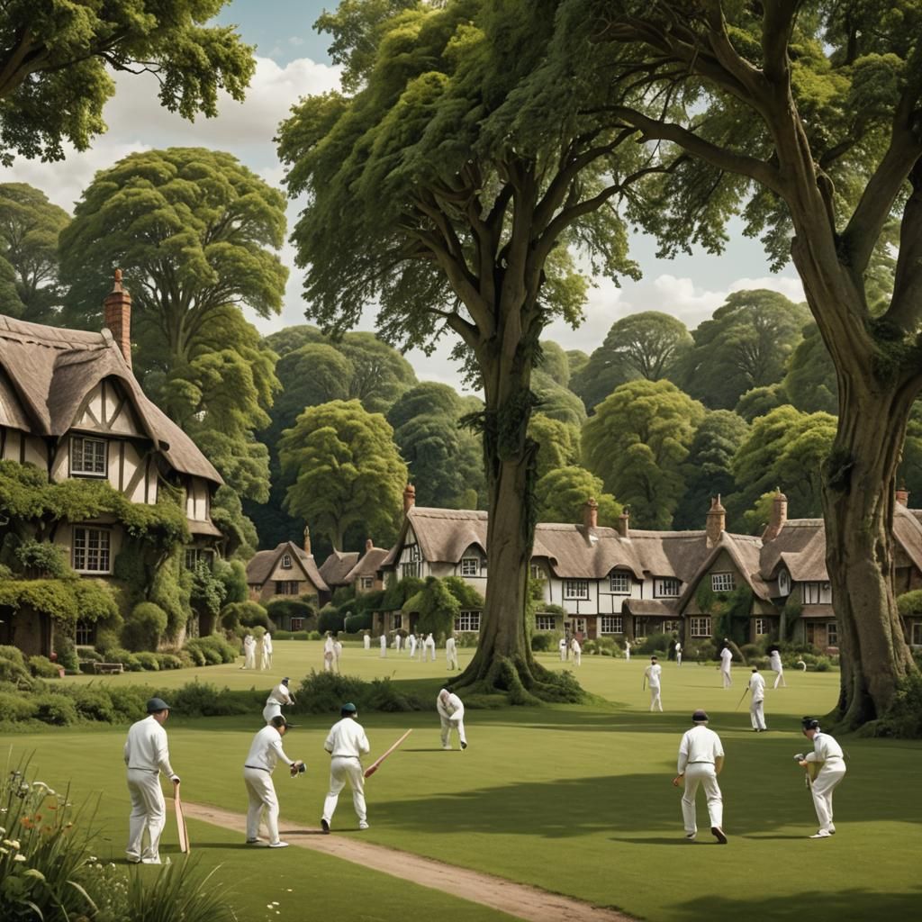 Idyllic English Village Cricket Scene: Matte Painting