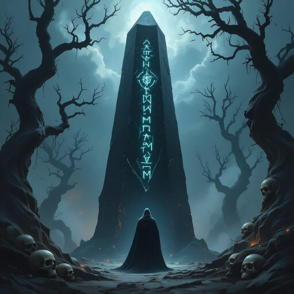 Mystical Figure Before Obsidian Obelisk