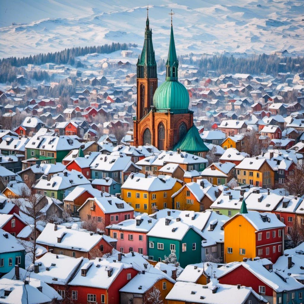 Colorful Winter Scenery From Above With Church
