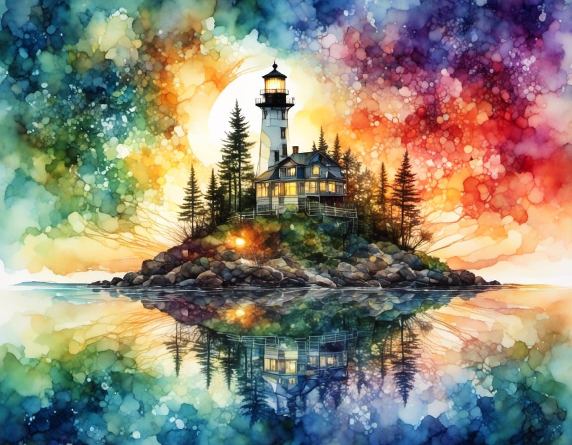 Fantasy Lighthouse Double Exposure in Watercolor Style