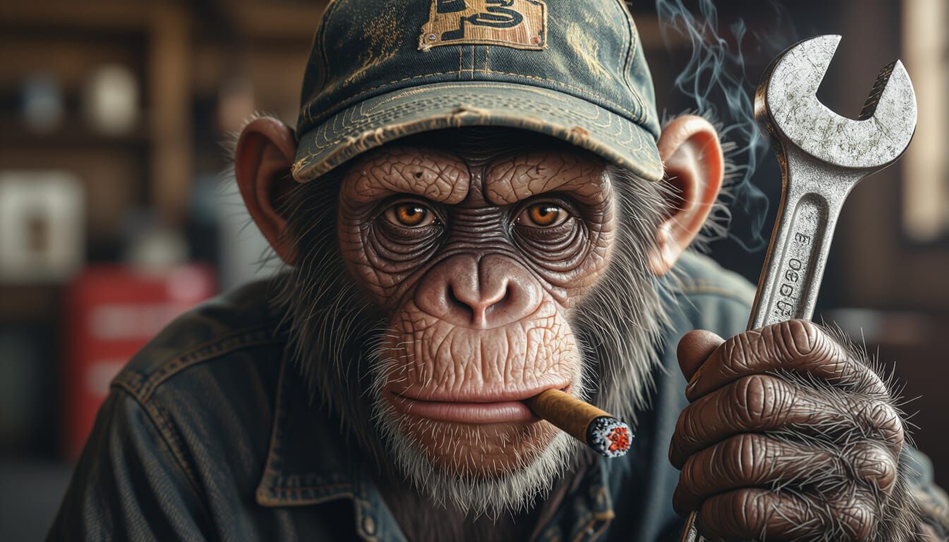 Grunge Monkey in Baseball Cap Smoking Cigar with Wrench