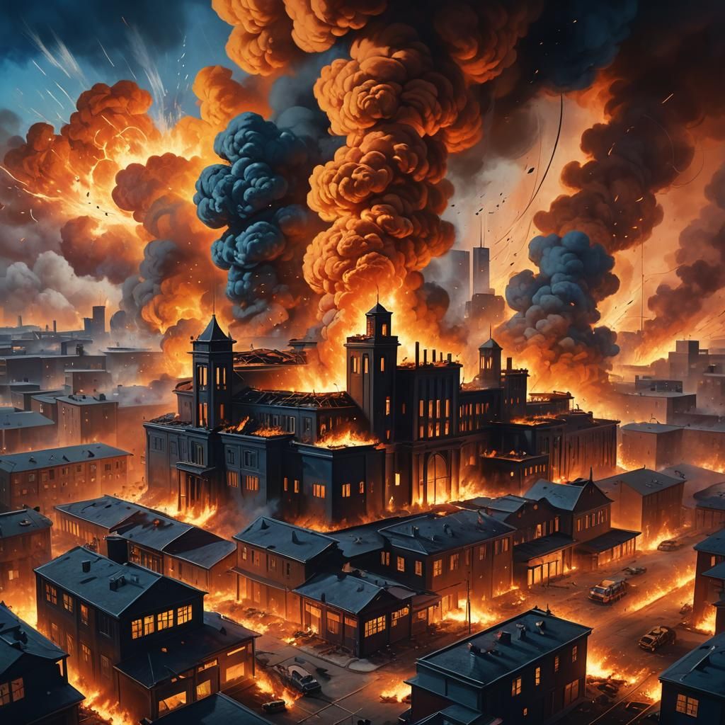 School Fire with Firetrucks: Dramatic Matte Painting