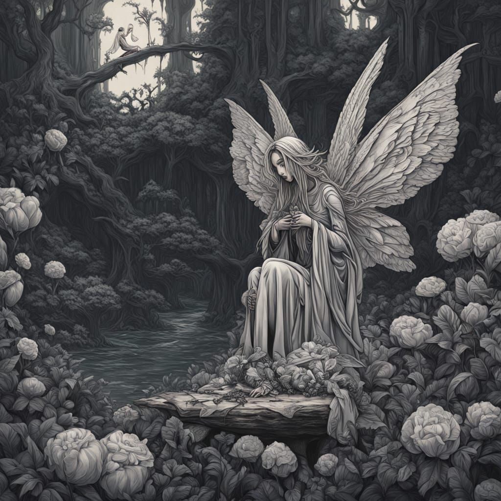 Sorrowful Pixie in Prehistoric Jungle, Gothic Horror Style