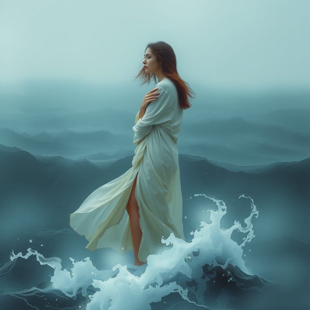 Ethereal Woman in Stormy Sea, Dreamy Art