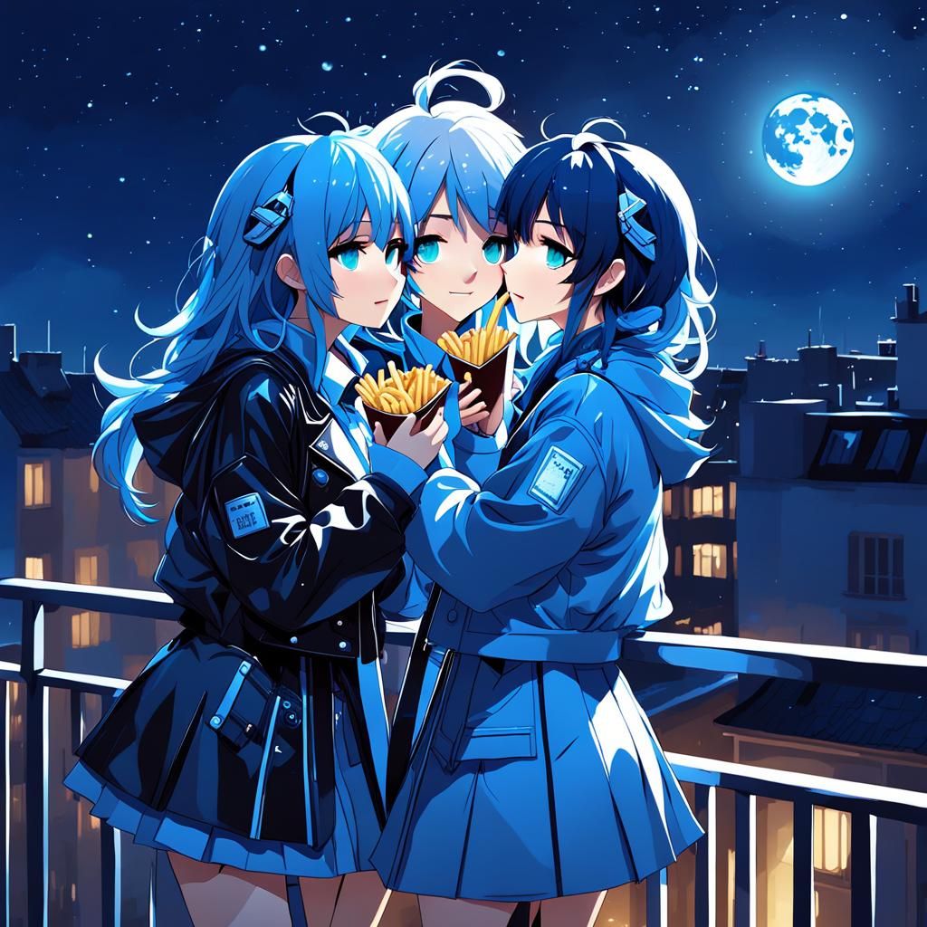 Lesbians Sharing Fries in Blue Moonlight