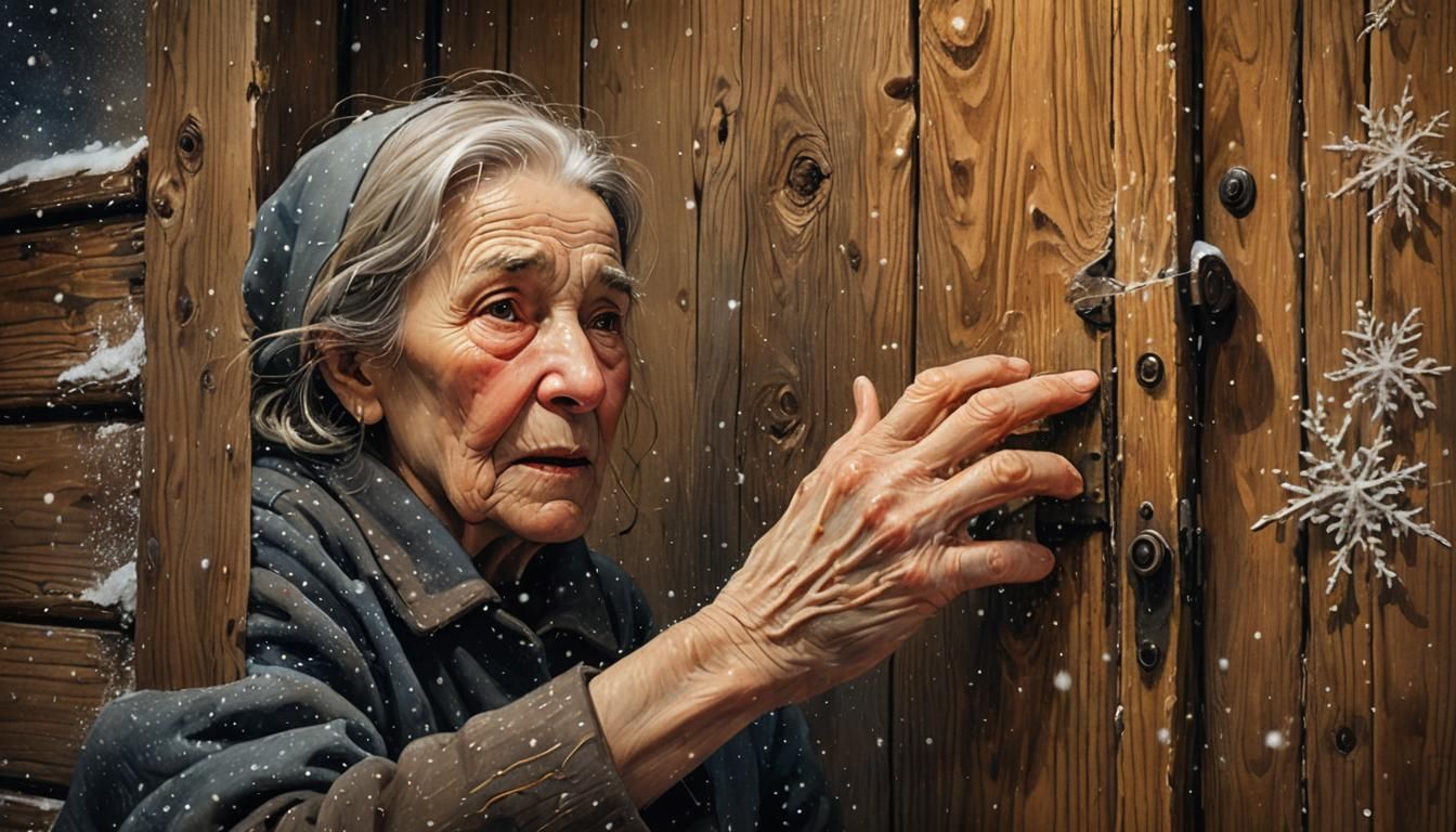 Winter Night: Old Woman Knocks on Door in Folk Art