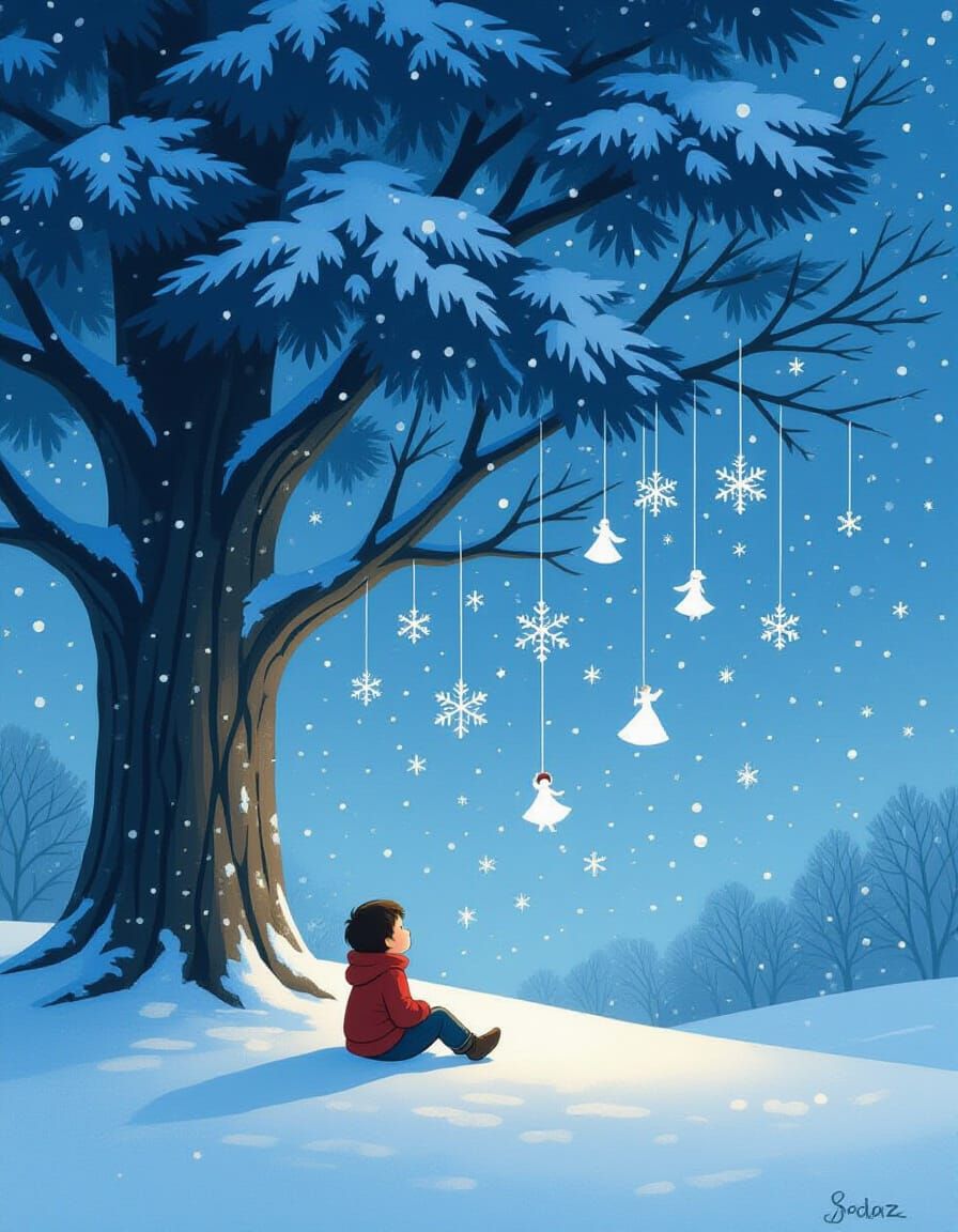 Boy Hears Stories From Magical Snowflakes Under Glowing Pine