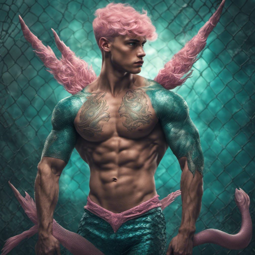 Hyperrealistic Merman with Trident in Teal and Pink