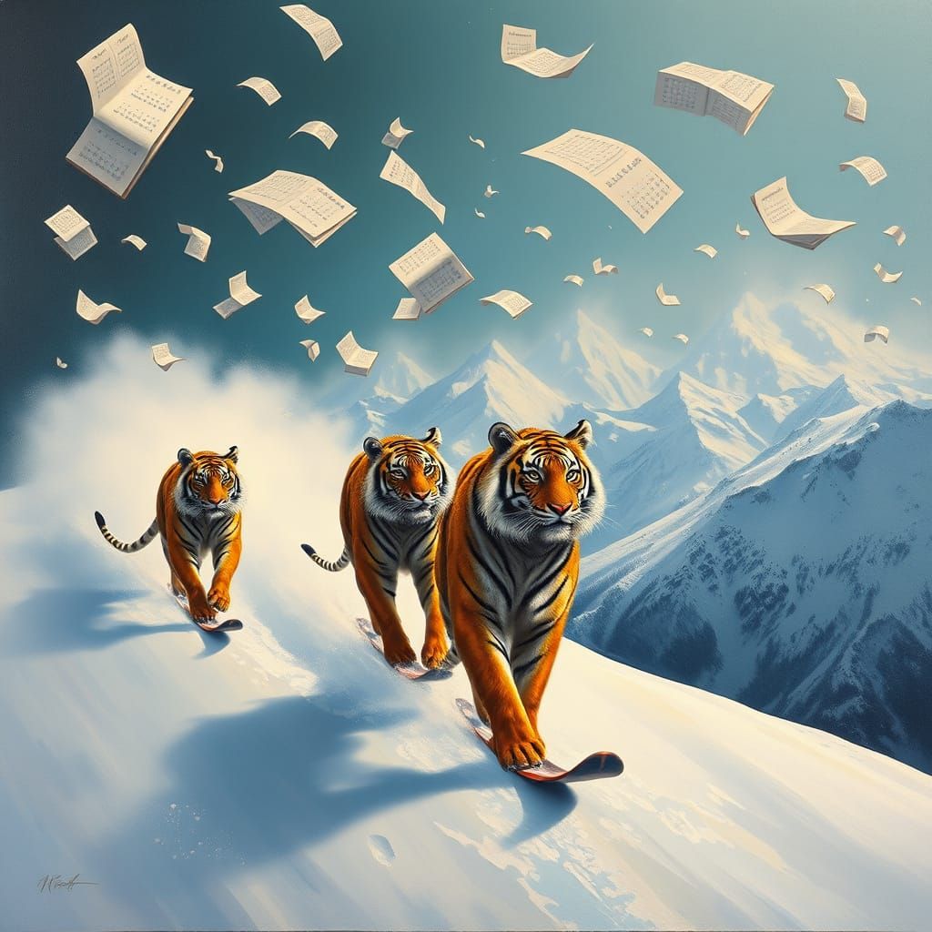 Surreal Tigers Skiing in Winter Attire