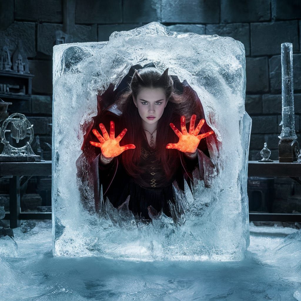 Young Witch's Fire Magic Melts Ice Prison