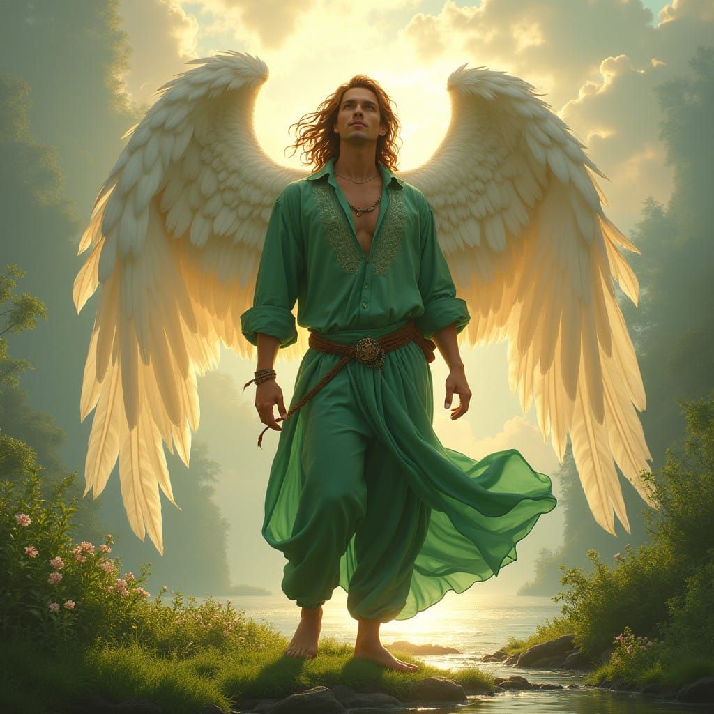 Serene Archangel Standing on Riverbank in Bohemian Attire