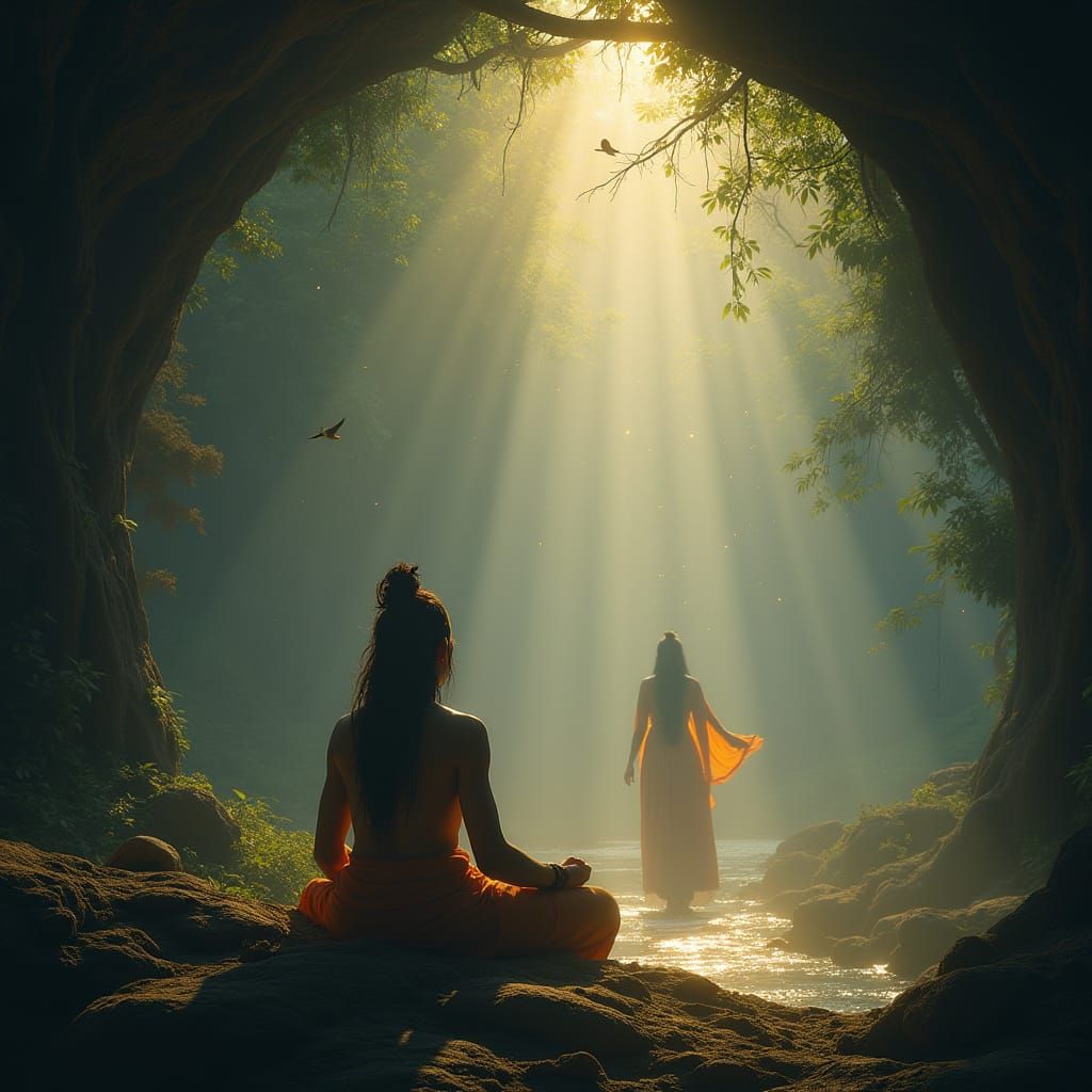 Mystical Yogi Meditation in Forest Cave