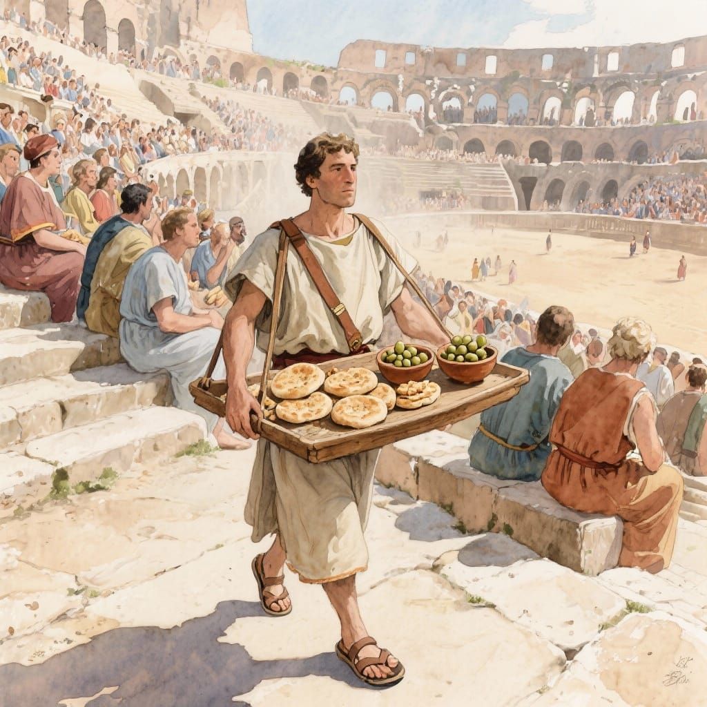 Roman Arena Street Vendor Watercolor Painting