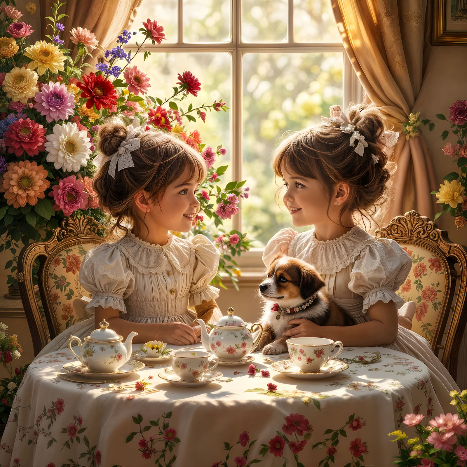 Victorian Tea Party with Two Girls and Dog