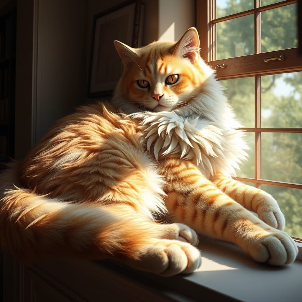 Majestic Hyper-Realistic Feline Creature in a Sunlit Window ...