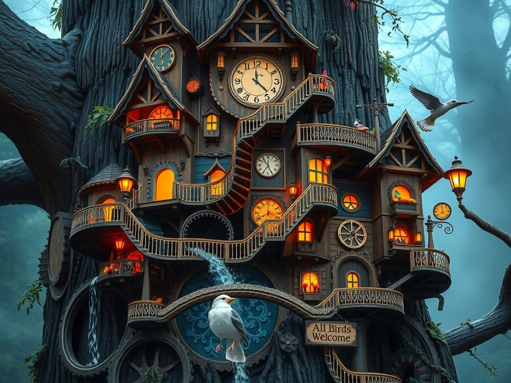 Steampunk Birdhouse Village on Tree Trunk: Digital Painting