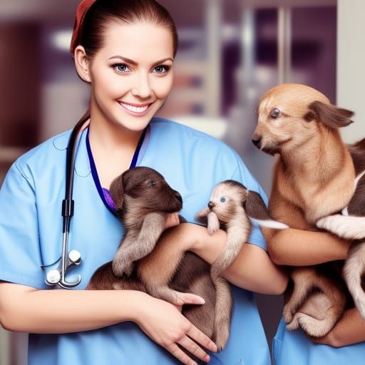 Hyperrealistic Nurse Holding Puppies in Hospital