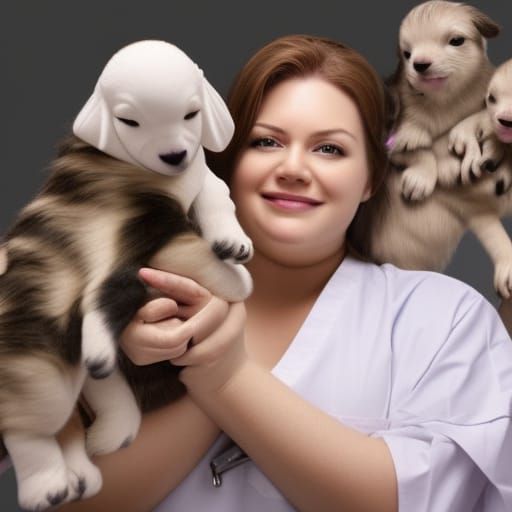 BBW Nurse Holding Puppies in Hospital, Photorealistic Art