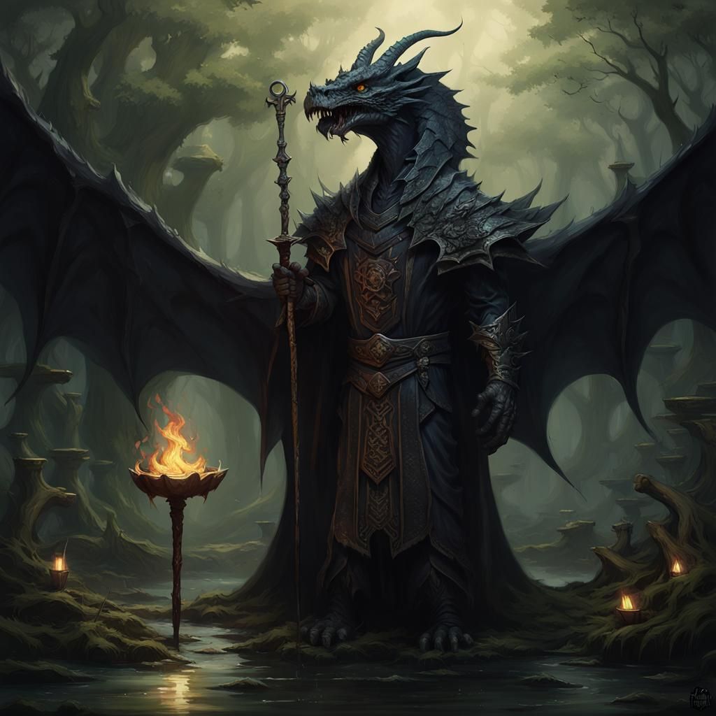 Half-Dragon Necromancer in Swamp Temple, Dark Fantasy Art