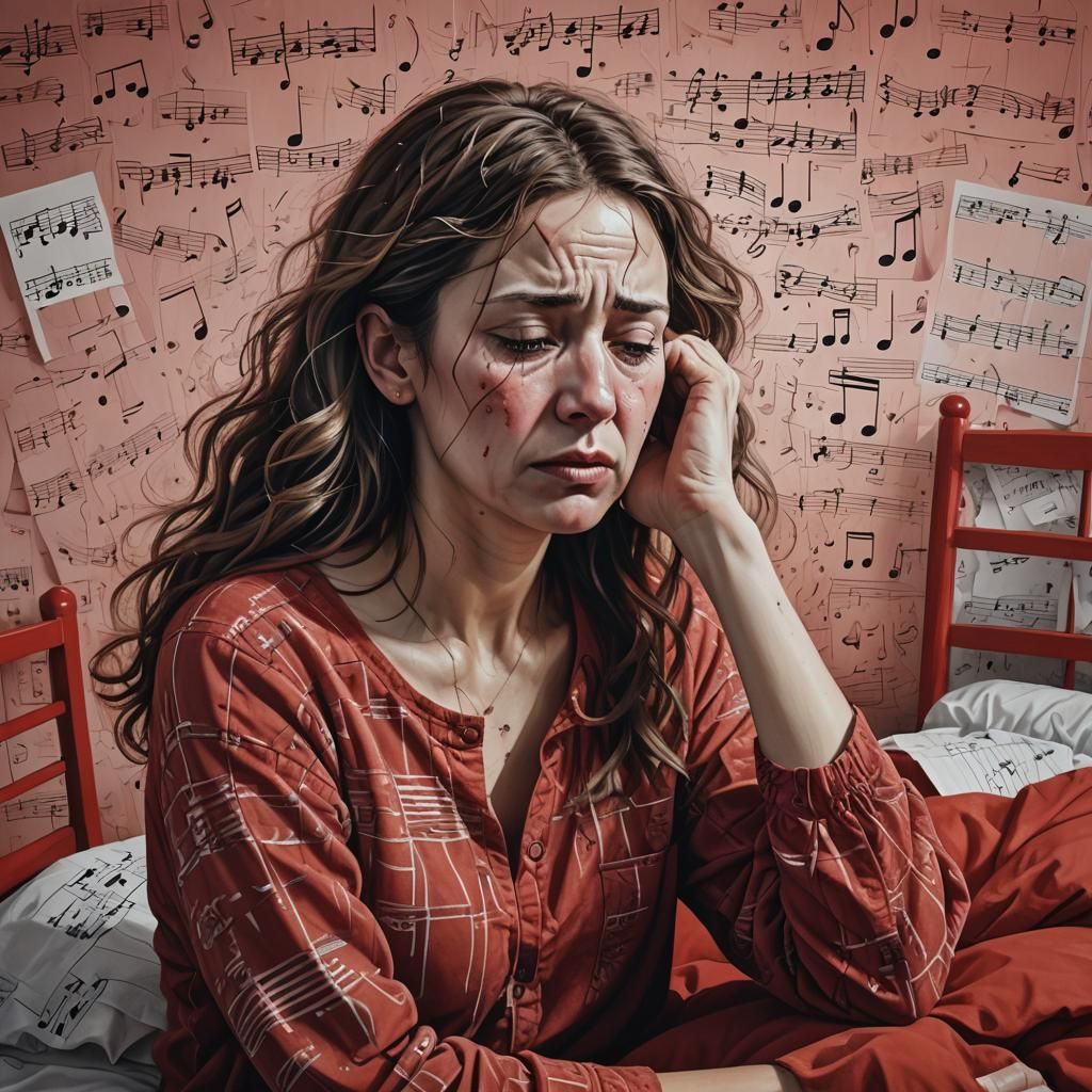 Distressed Woman with Sound Waves in Cinematic Style