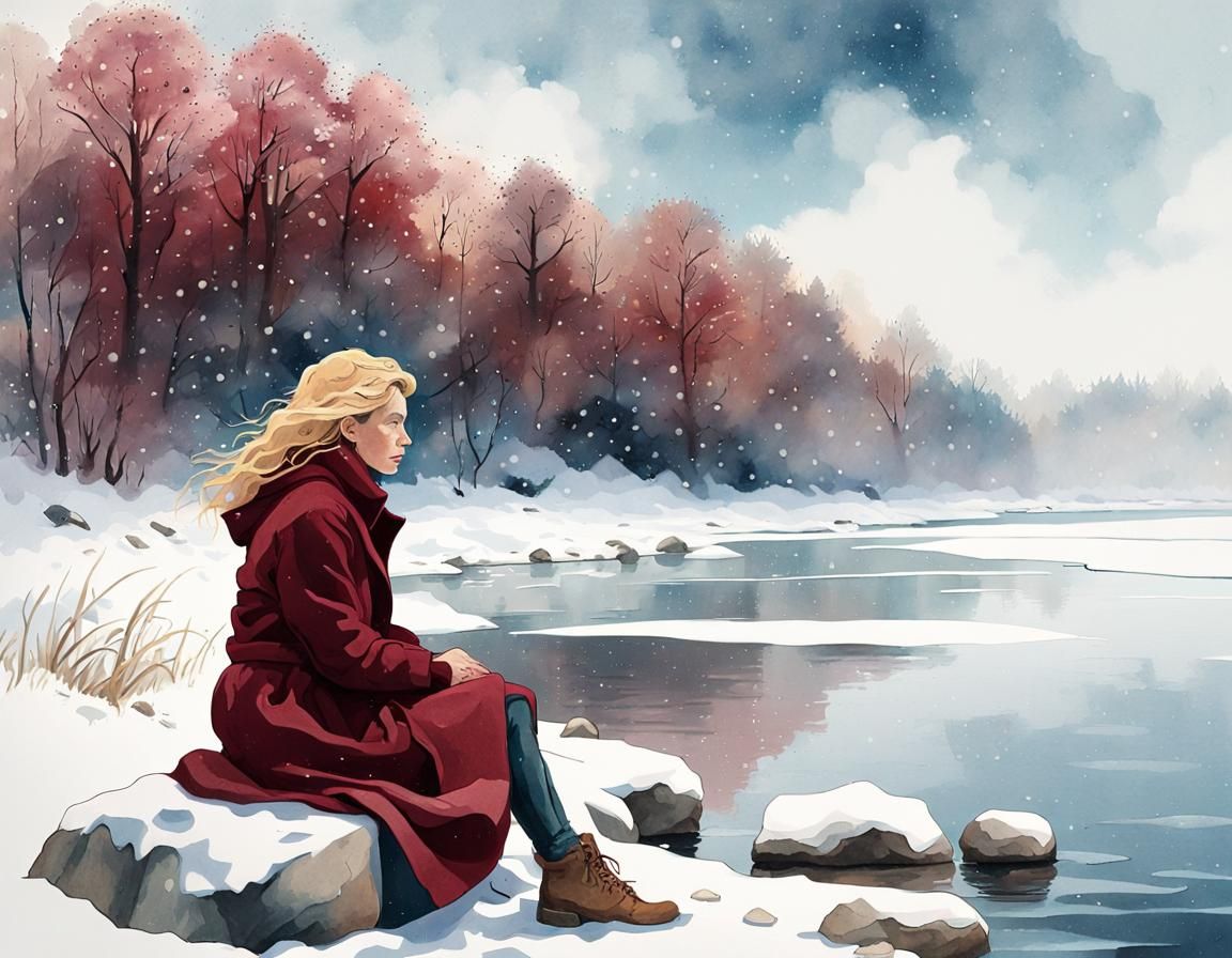 Melancholy Woman by Frozen River in Watercolor Style