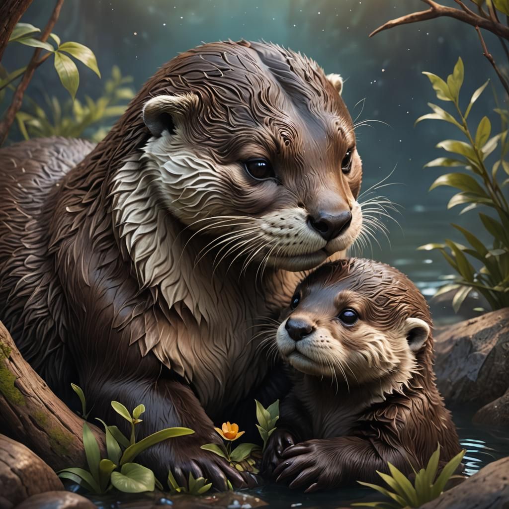 Adorable Otter Mother and Baby: Fantasy Concept Art