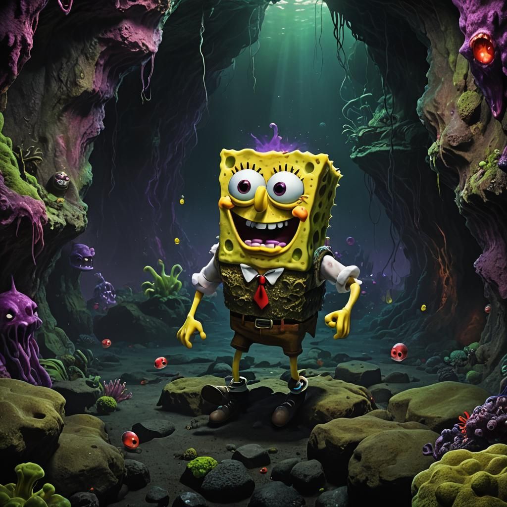 Scary SpongeBob in Ominous Underwater Cave