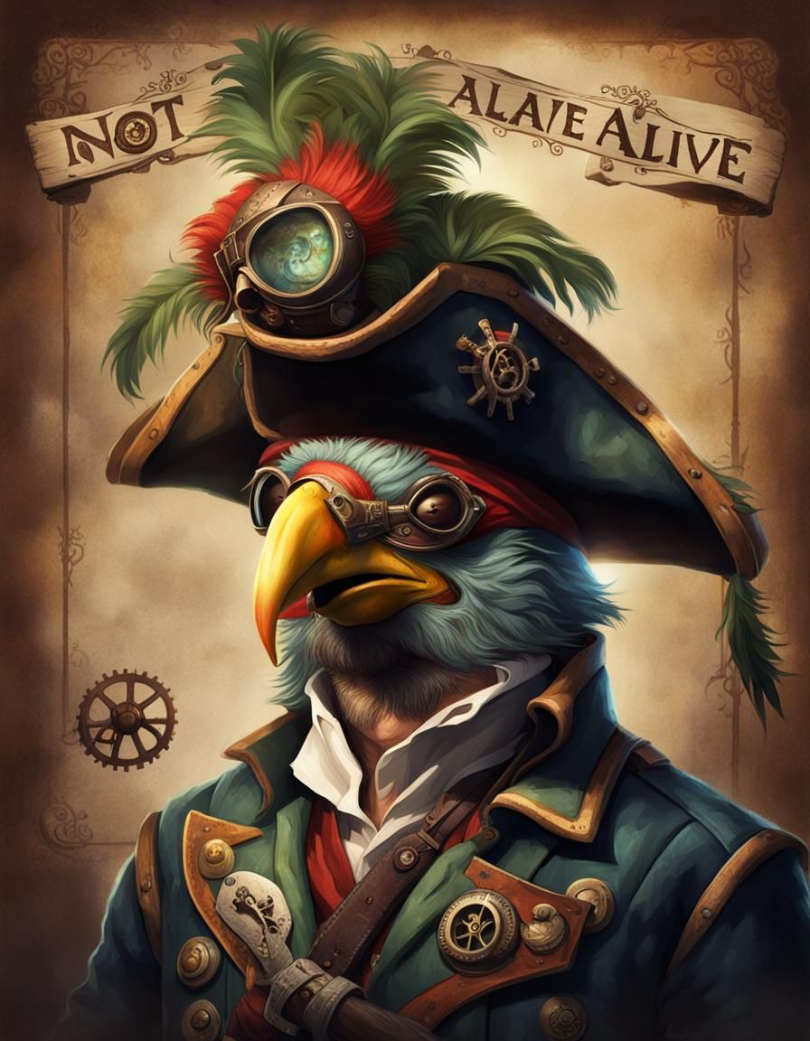 Steampunk Pirate Portrait with Parrot and Wooden Plaque