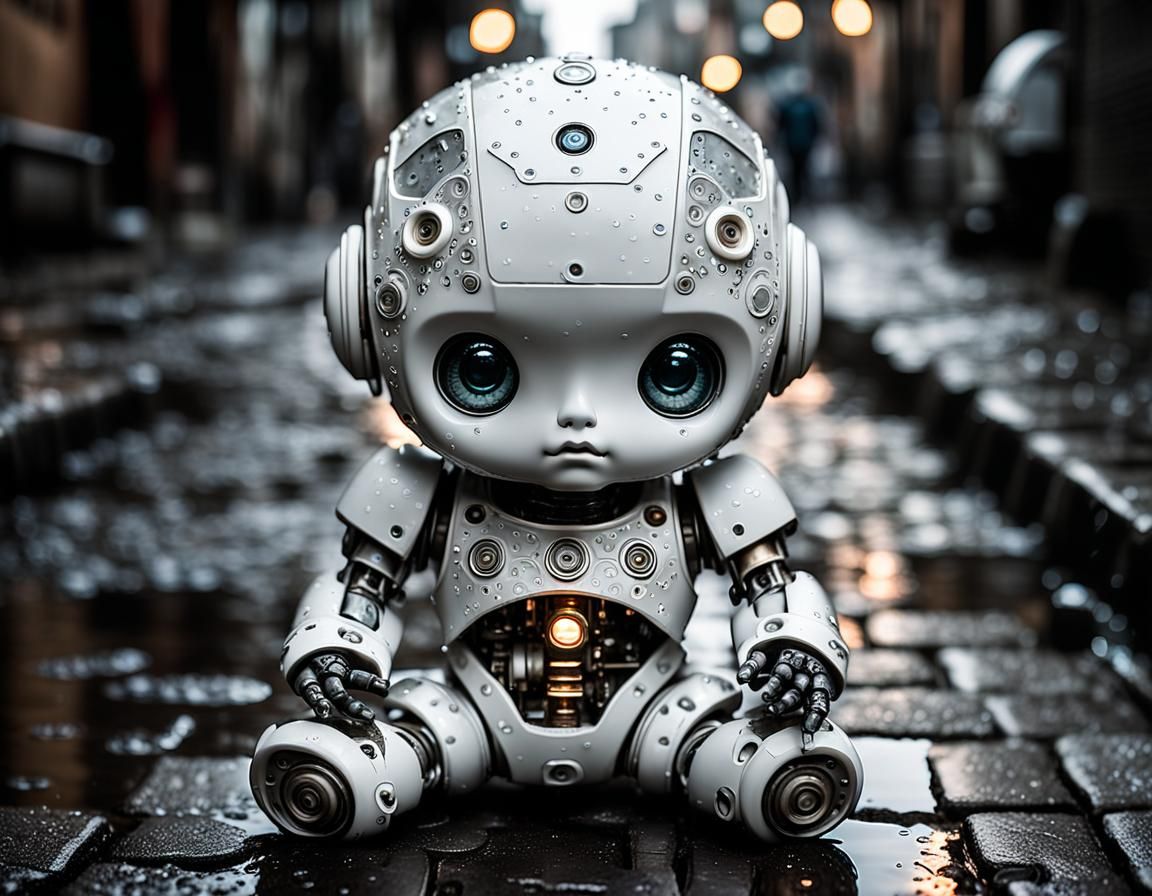 Dystopian Robot Baby in Rain Soaked Alleyway