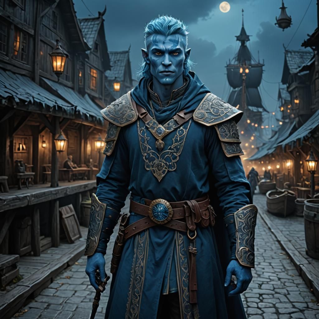 Blue-Skinned Genasi Cleric in Slavic Port