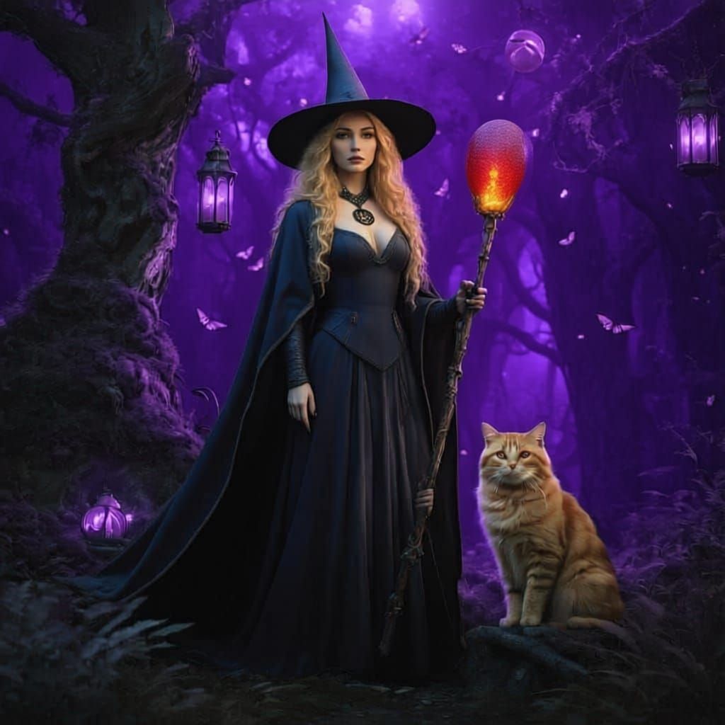 Enchanted Forest Witch with Persian Cat - Fantasy Art