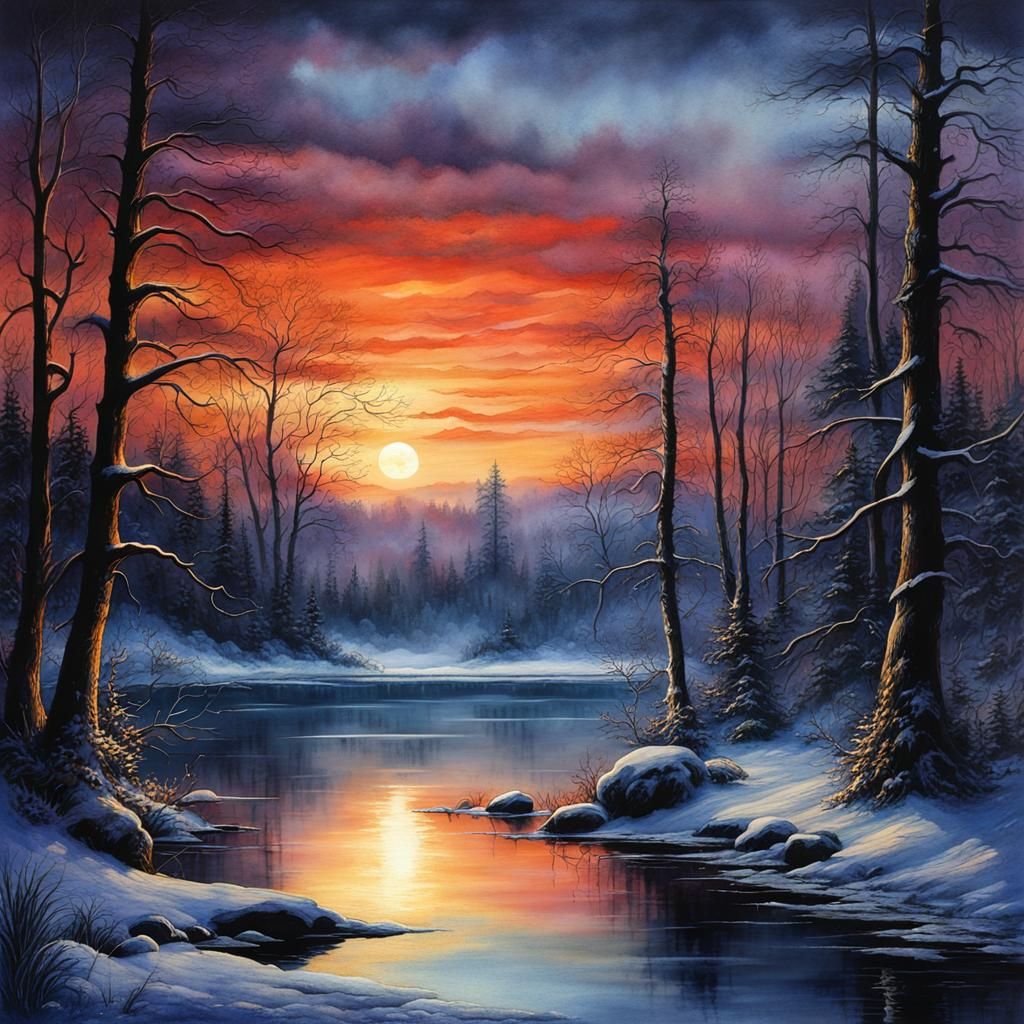 Hauntingly Beautiful Winter Lake at Sunset in Dark Fantasy S...