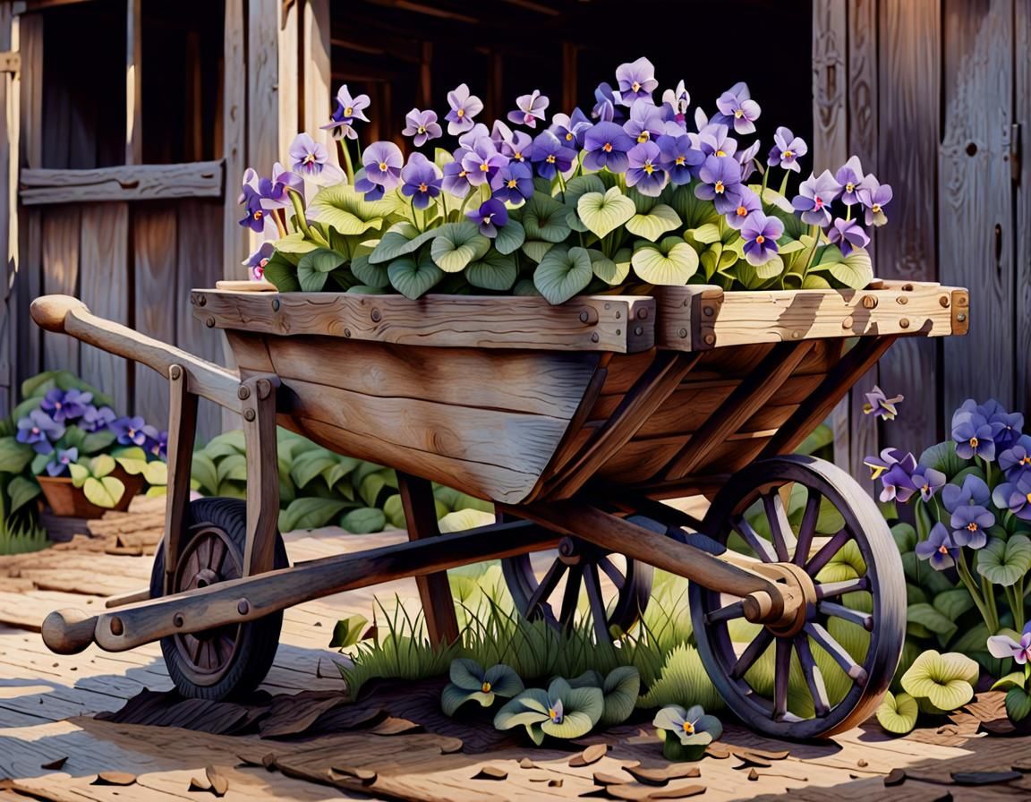 wooden barn a vintage wooden wheelbarrow full of colorful vi...