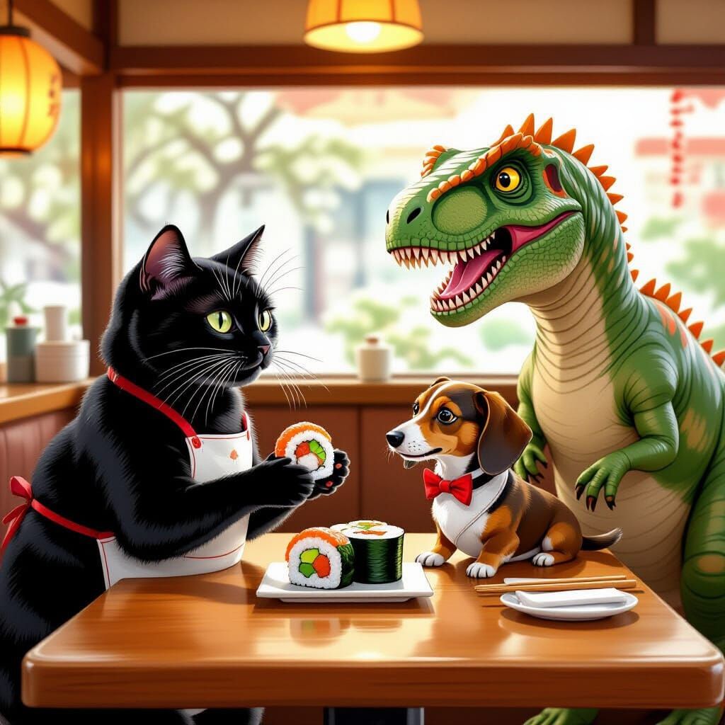 Whimsical Sushi Feast with Cat and Dinosaurs