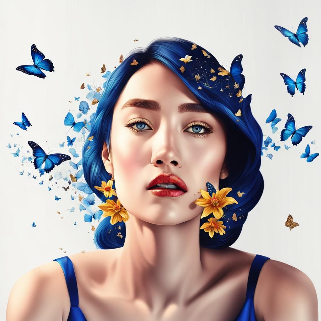 Hyperrealistic Woman in Blue Dress with Butterflies