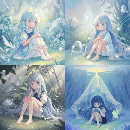 Young Girl Seated on the Ground in a Dreamlike State