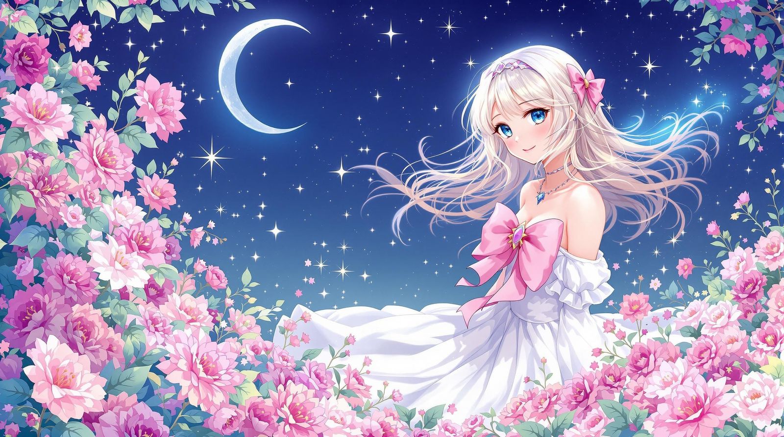 Dreamy Anime-Inspired Goddess in Whimsical Floral Wonderland