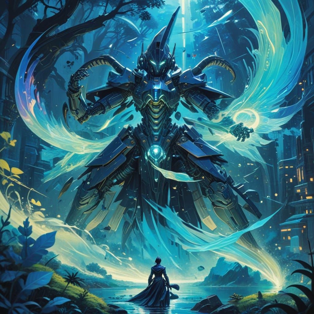 Sleek, Angular Mecha in Vibrant Monochromatic Blue