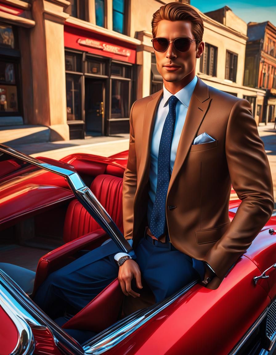 Man in Suit Leaning on Corvette: Realistic Digital Art