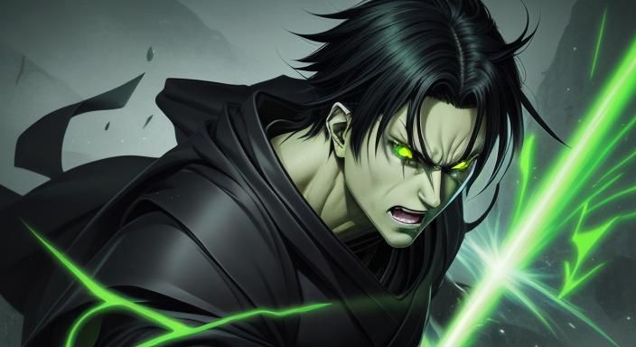 Furious Green Ninja with Glowing Eyes in Anime Style