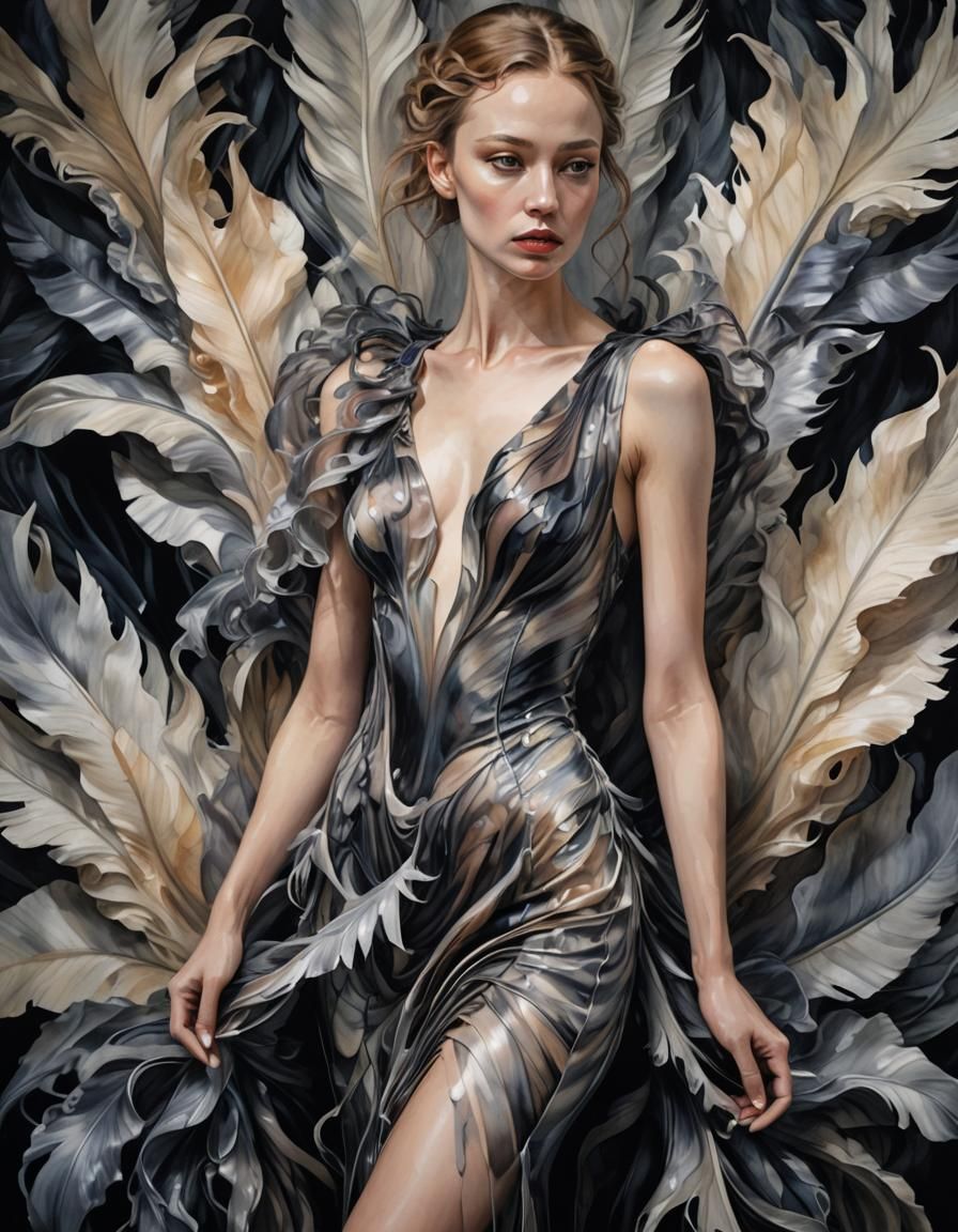 Intricate Couture Gown Amidst Onyx Feathers