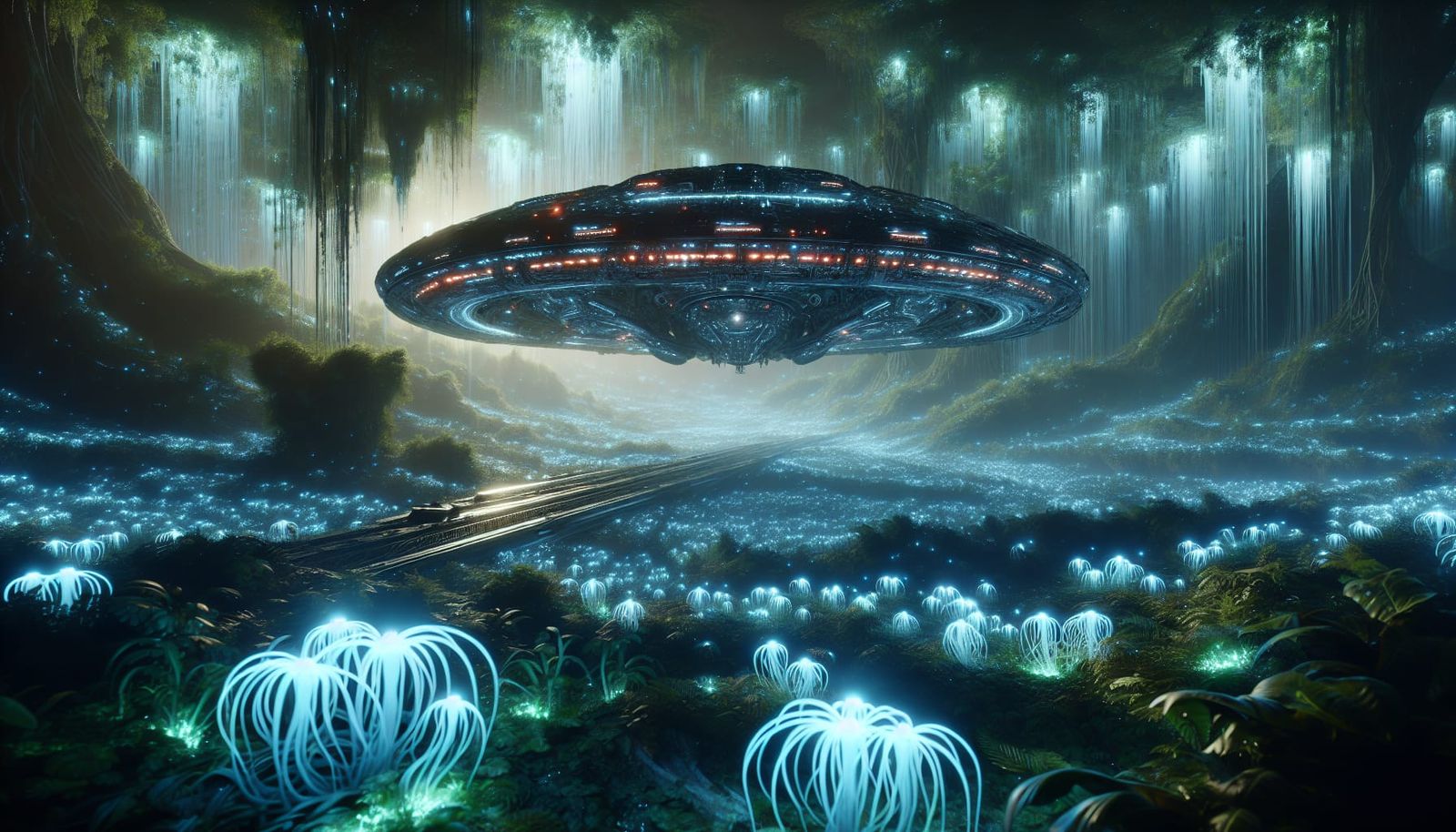 Complex Alien Spaceship Above Bioluminescent Jungle