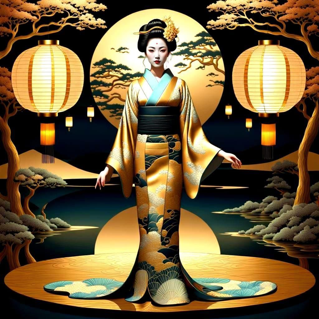 Golden Geisha in Tea Room with Bioluminescent Details
