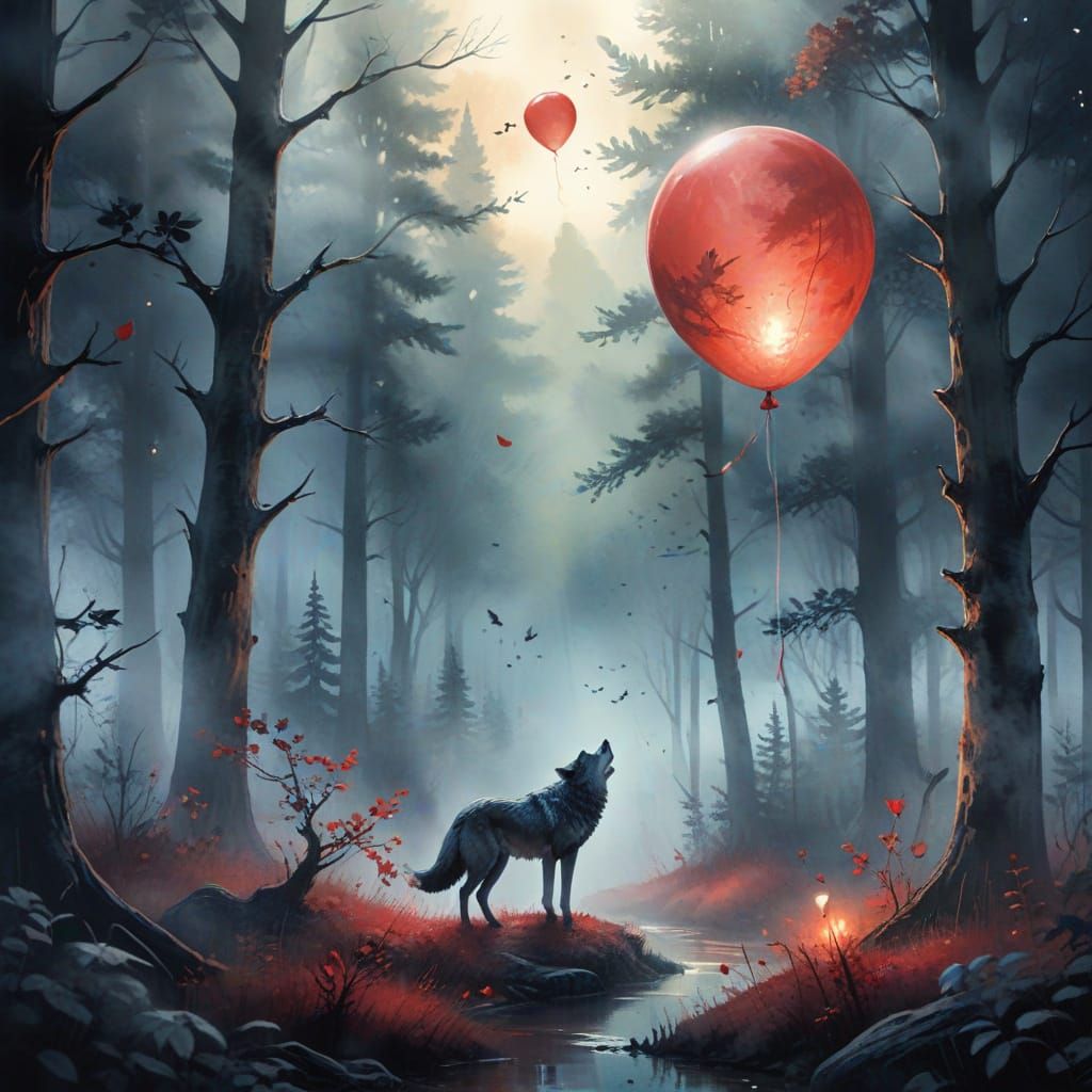 Red Balloon Drifts Through Haunted Forest in Watercolor
