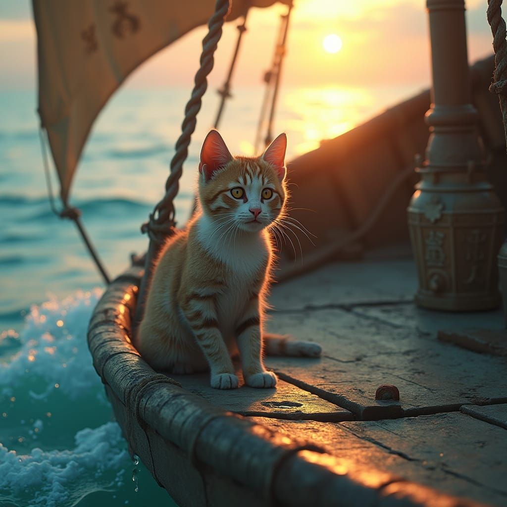 Regal Feline on an Ancient, Mystical Boat