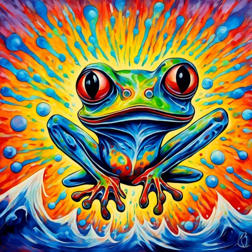 Cubist Surrealism: Rainbow Frog in Impasto Watercolors